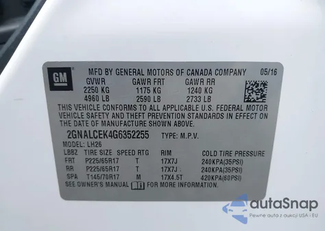 2016 Chevrolet Equinox Lt из США, поврежденный, VIN 2GNALCEK4G6352255